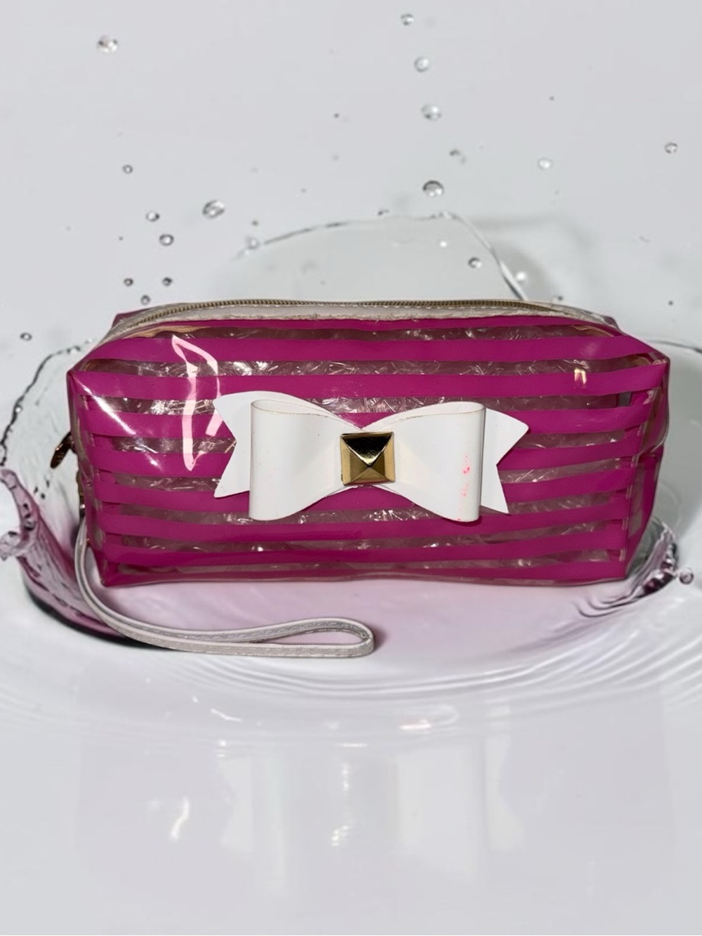 Tory Burch Pink and Black Striped Cosmetic Pouch with White Bow